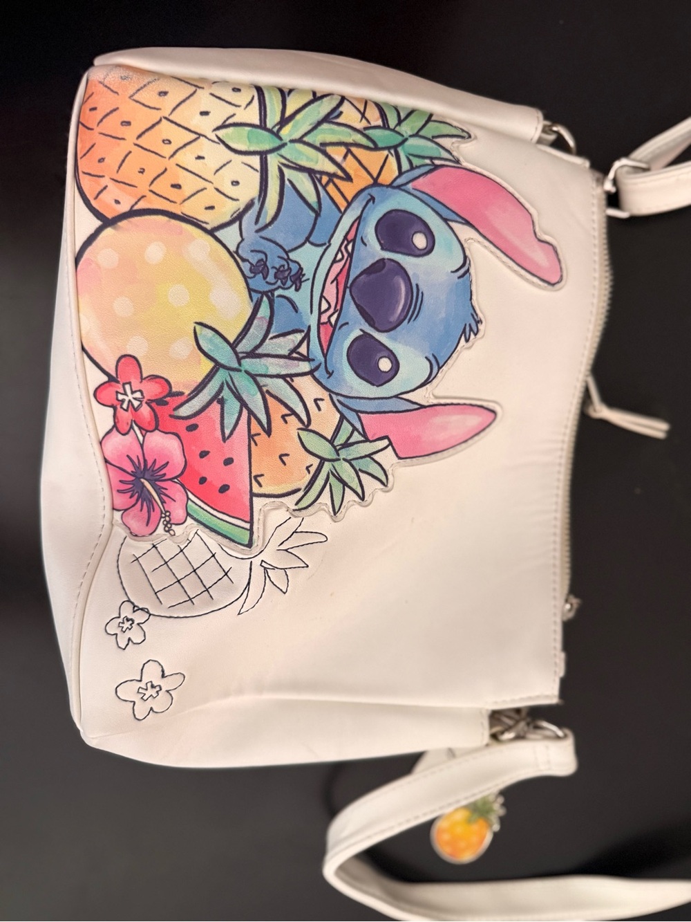 White Stitch Character Crossbody Bag with Tropical Fruit Motif Loungefly